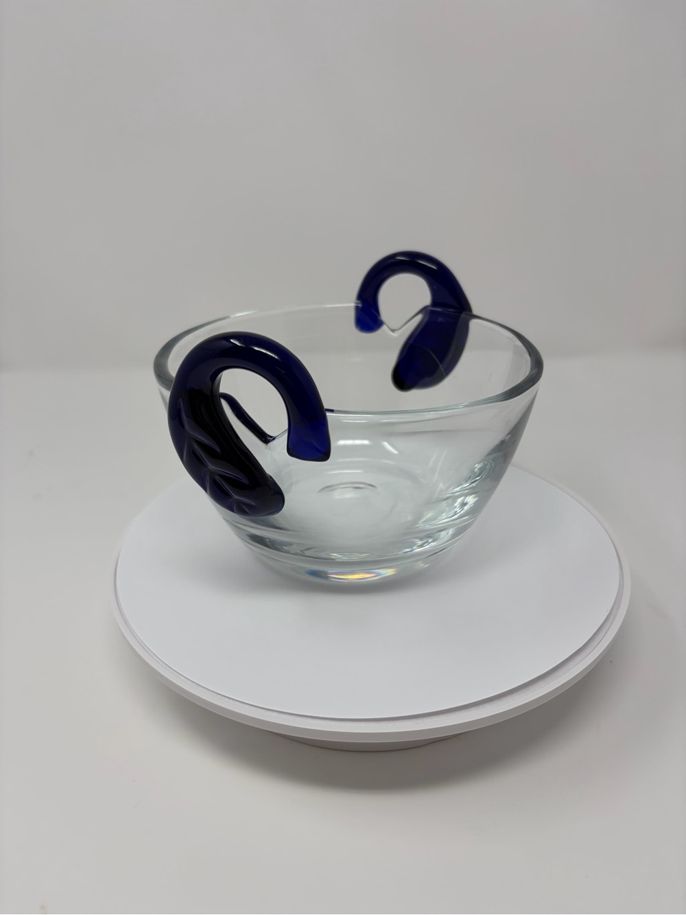 Sasaki Crystal Bowl with Cobalt Blue Handles Handcrafted Clear Glass Centerpiece